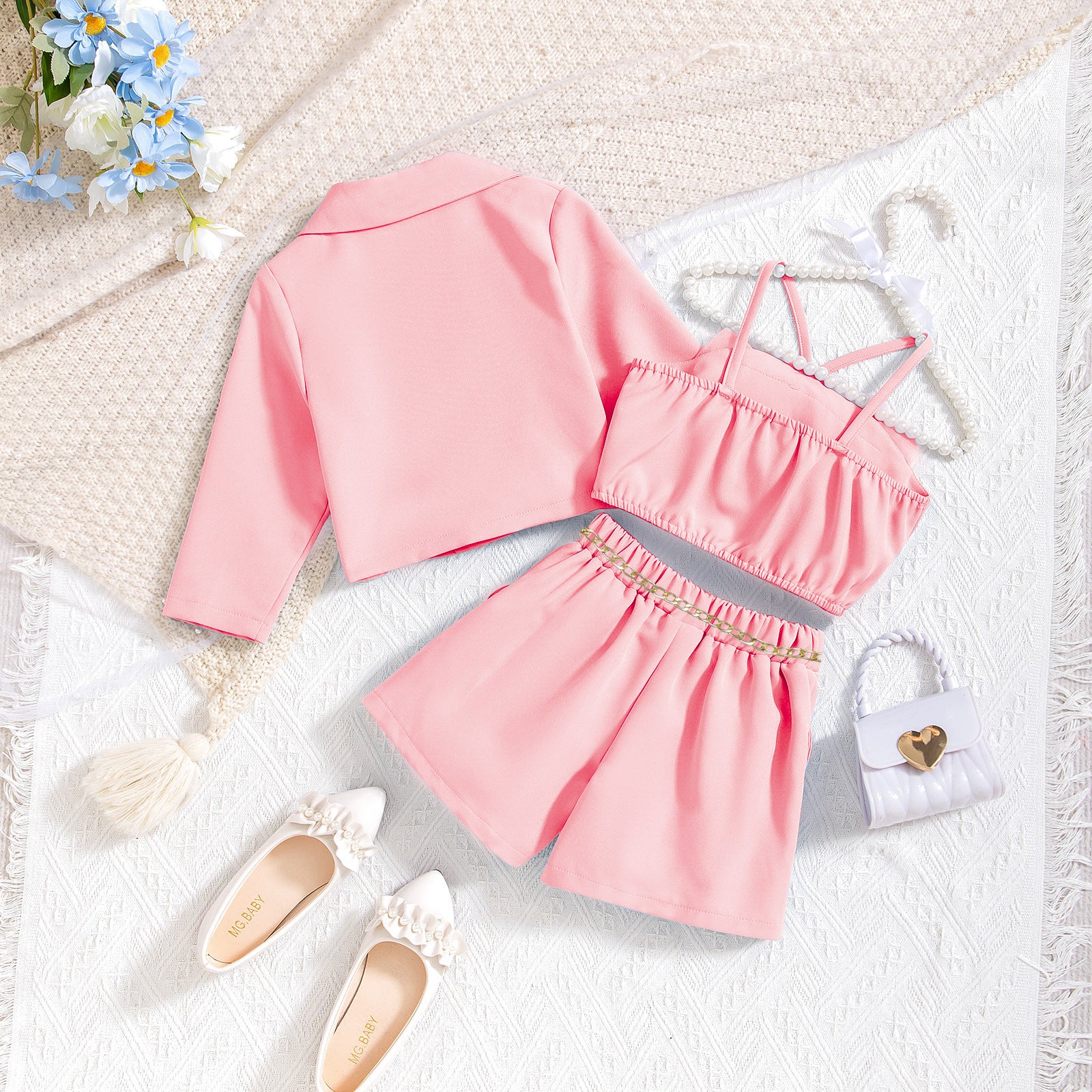 Long sleeved jacket with floral interior paired with shorts three piece set