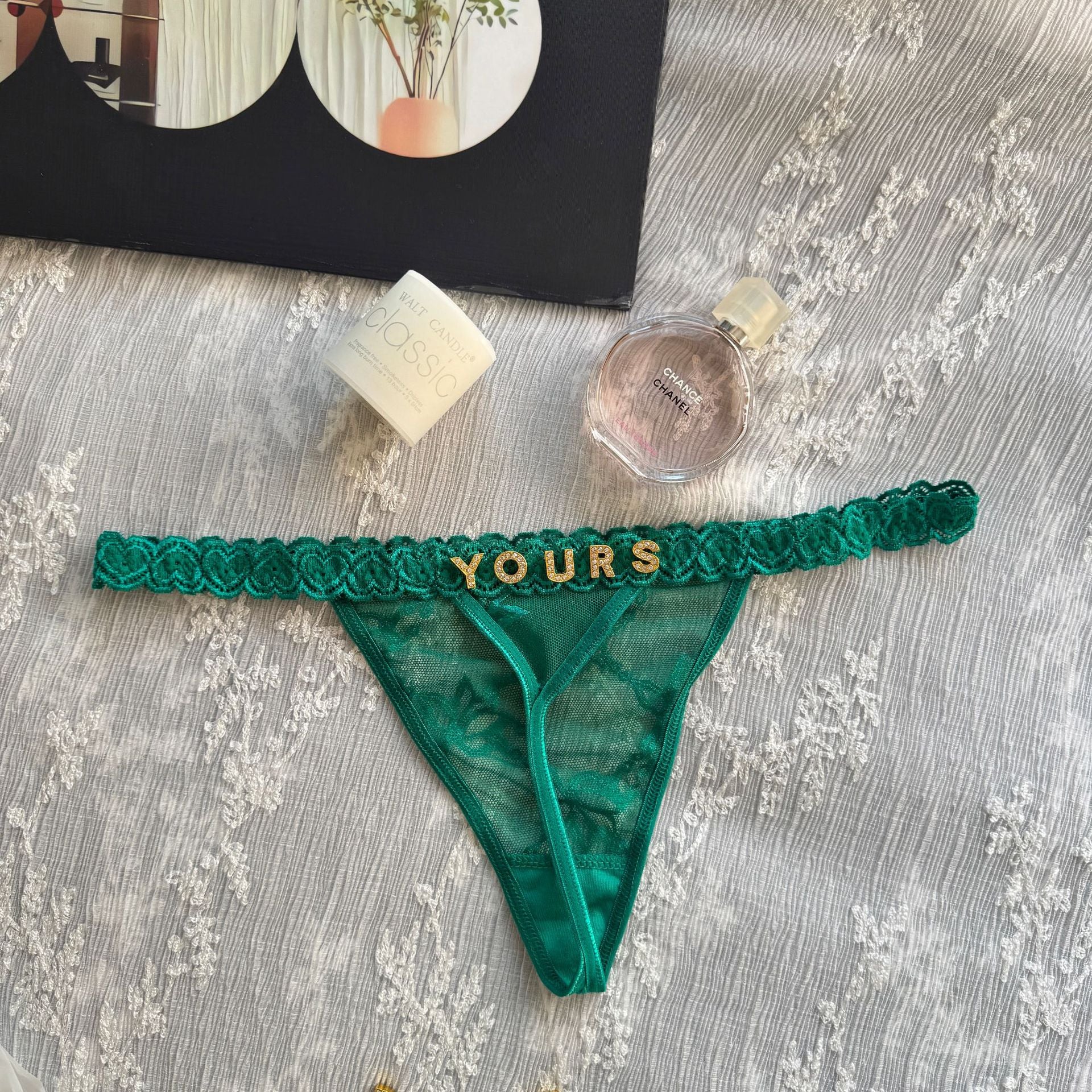 Cotton G-String with Metallic Rhinestone Letters, Sexy Lace Panties for Women