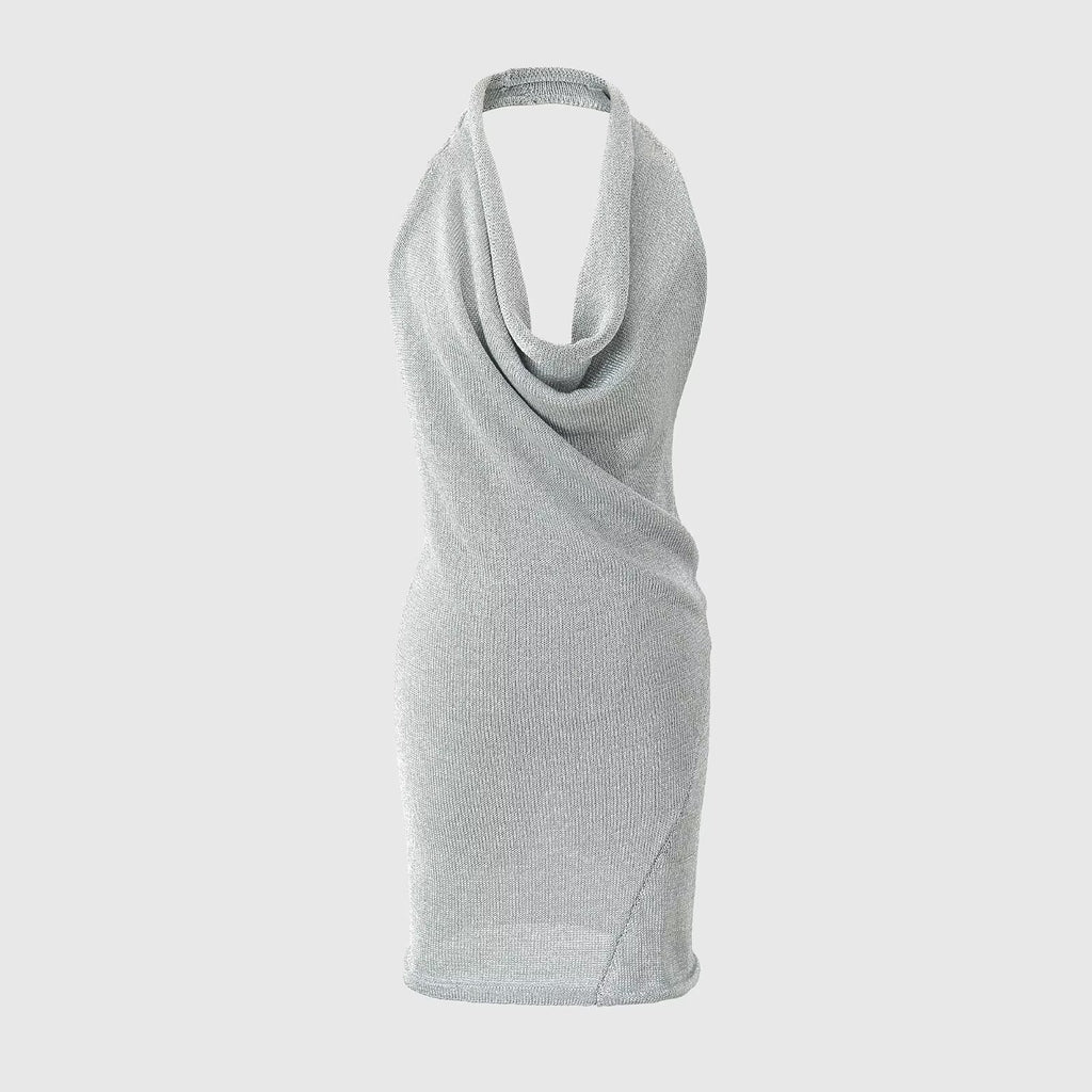 Metallic thread knitted halter dress