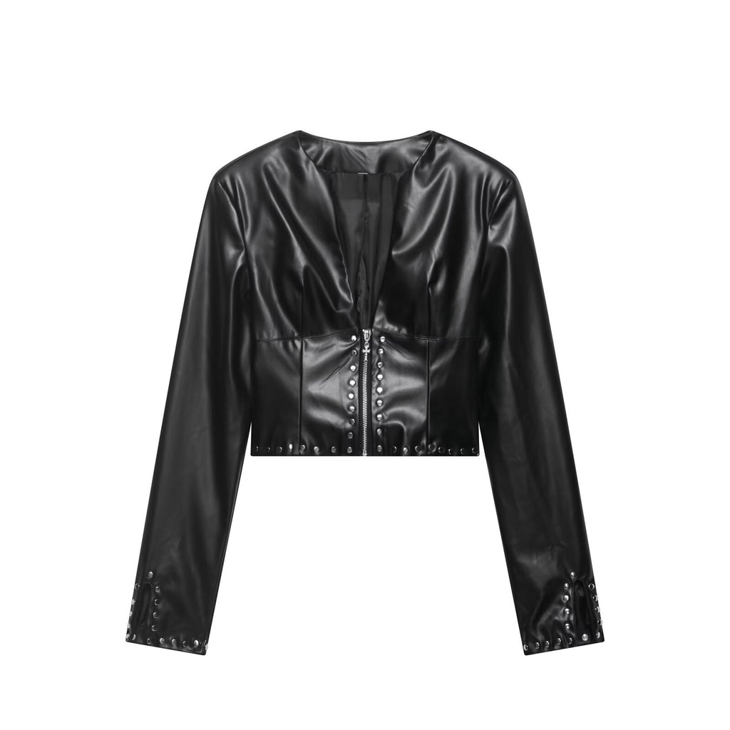 V-rivet short waist exposed jacket+high waist short skirt set