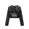V-rivet short waist exposed jacket+high waist short skirt set
