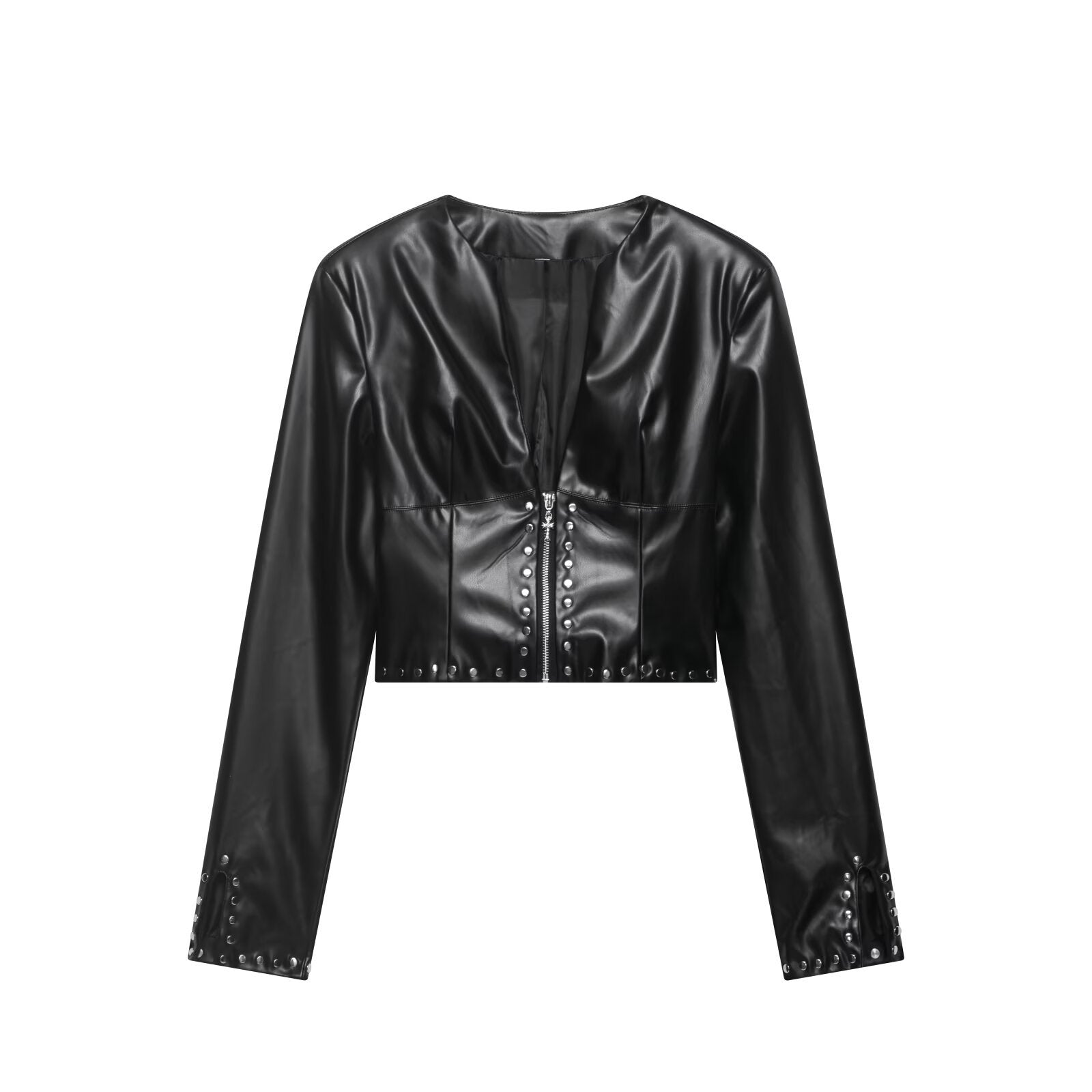 V-rivet short waist exposed jacket+high waist short skirt set