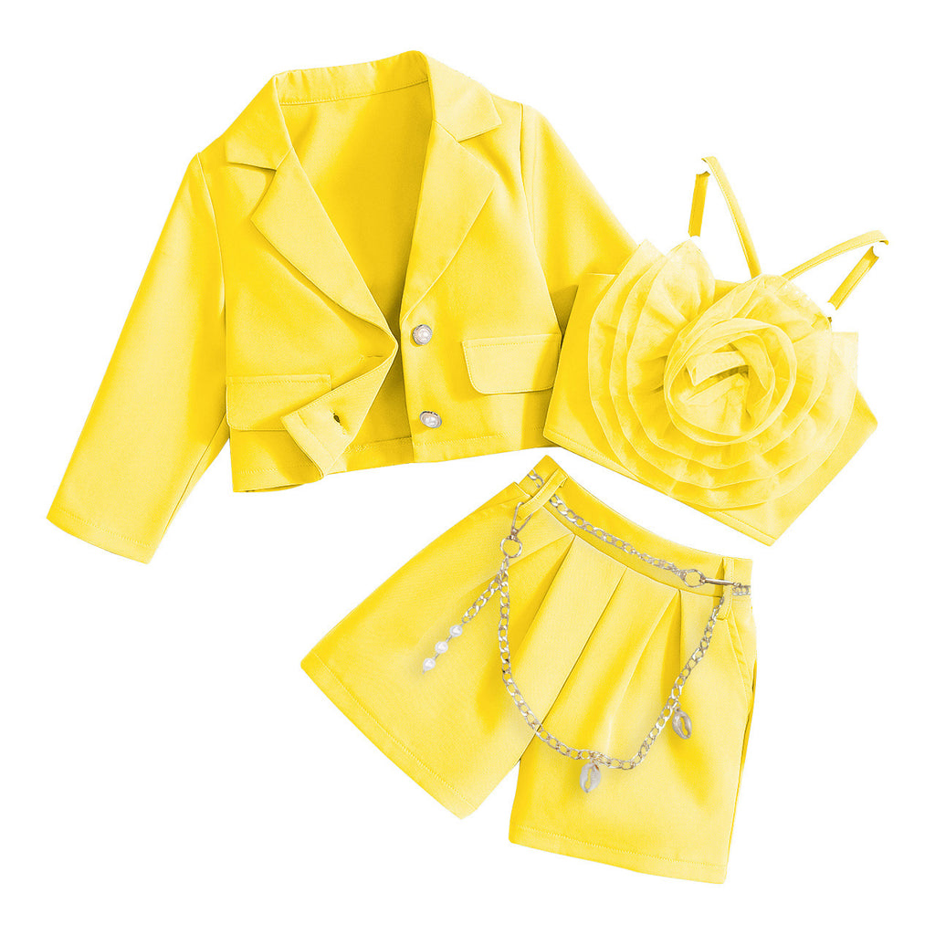 Long sleeved jacket with floral interior paired with shorts three piece set