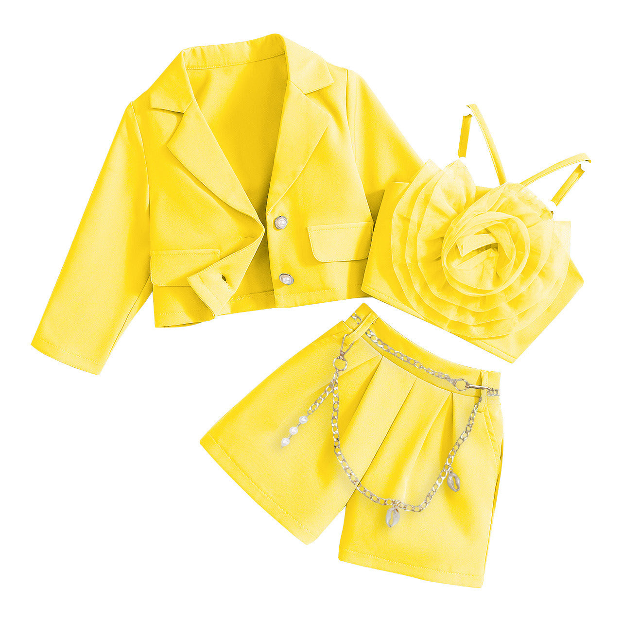 Long sleeved jacket with floral interior paired with shorts three piece set