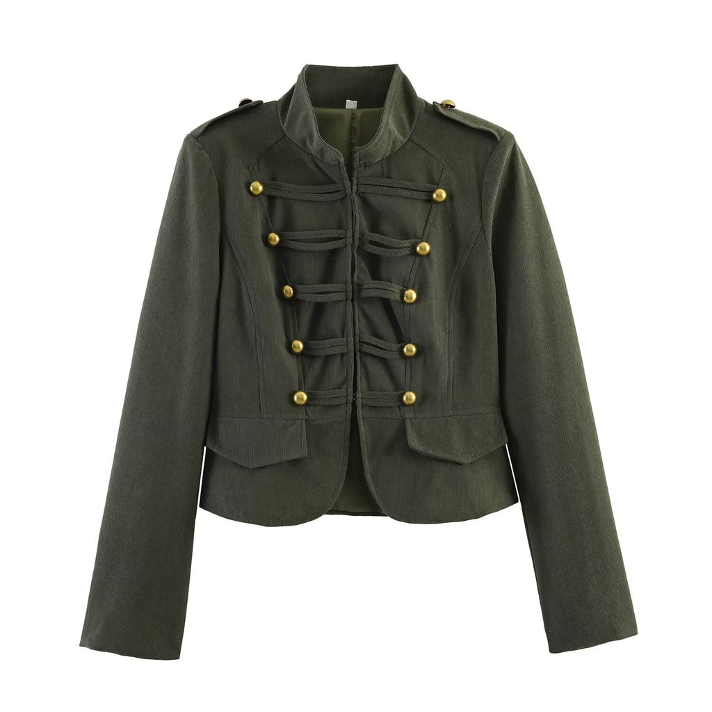 Double row metal button jacket+retro high waist wide leg pants set