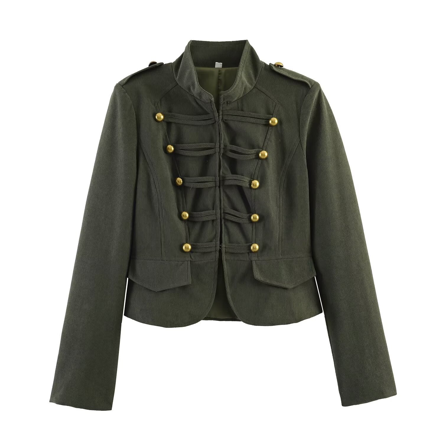 Double row metal button jacket+retro high waist wide leg pants set