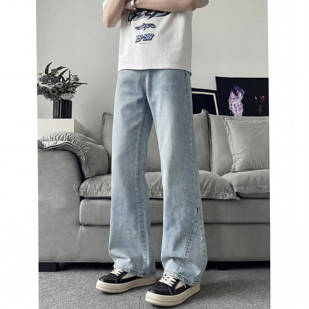 Slant Cut Flared Jeans Men Street Style Clean Fit Straight Leg Slim Flared Pants Vibe Trendy