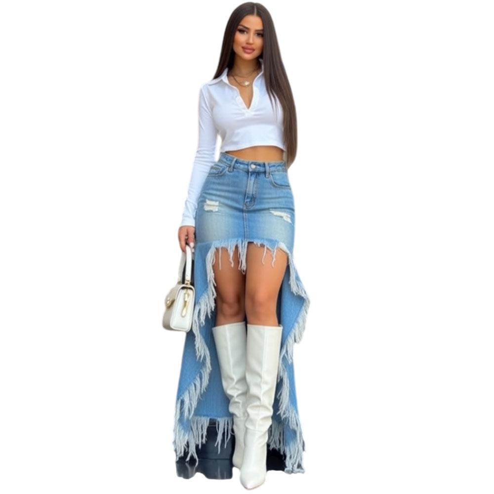 Irregular Raw Edge Denim Skirt Fashion Asymmetrical Fringed Split Long Skirt