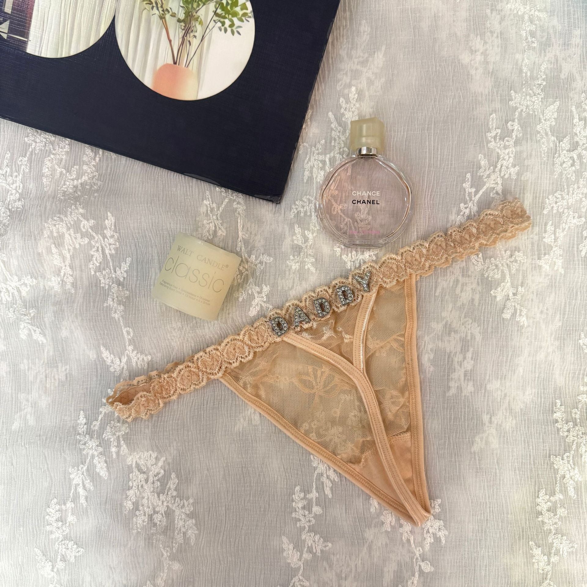 Cotton G-String with Metallic Rhinestone Letters, Sexy Lace Panties for Women