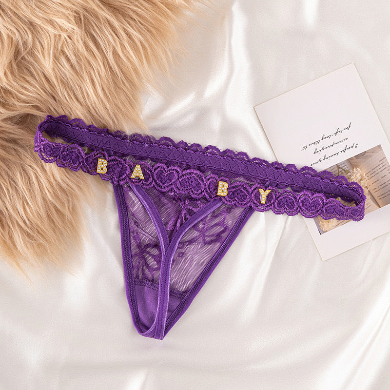 Cotton G-String with Metallic Rhinestone Letters, Sexy Lace Panties for Women