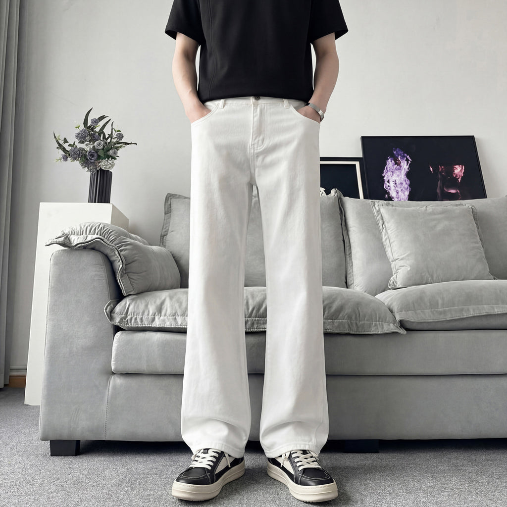 Slant Cut Flared Jeans Men Street Style Clean Fit Straight Leg Slim Flared Pants Vibe Trendy