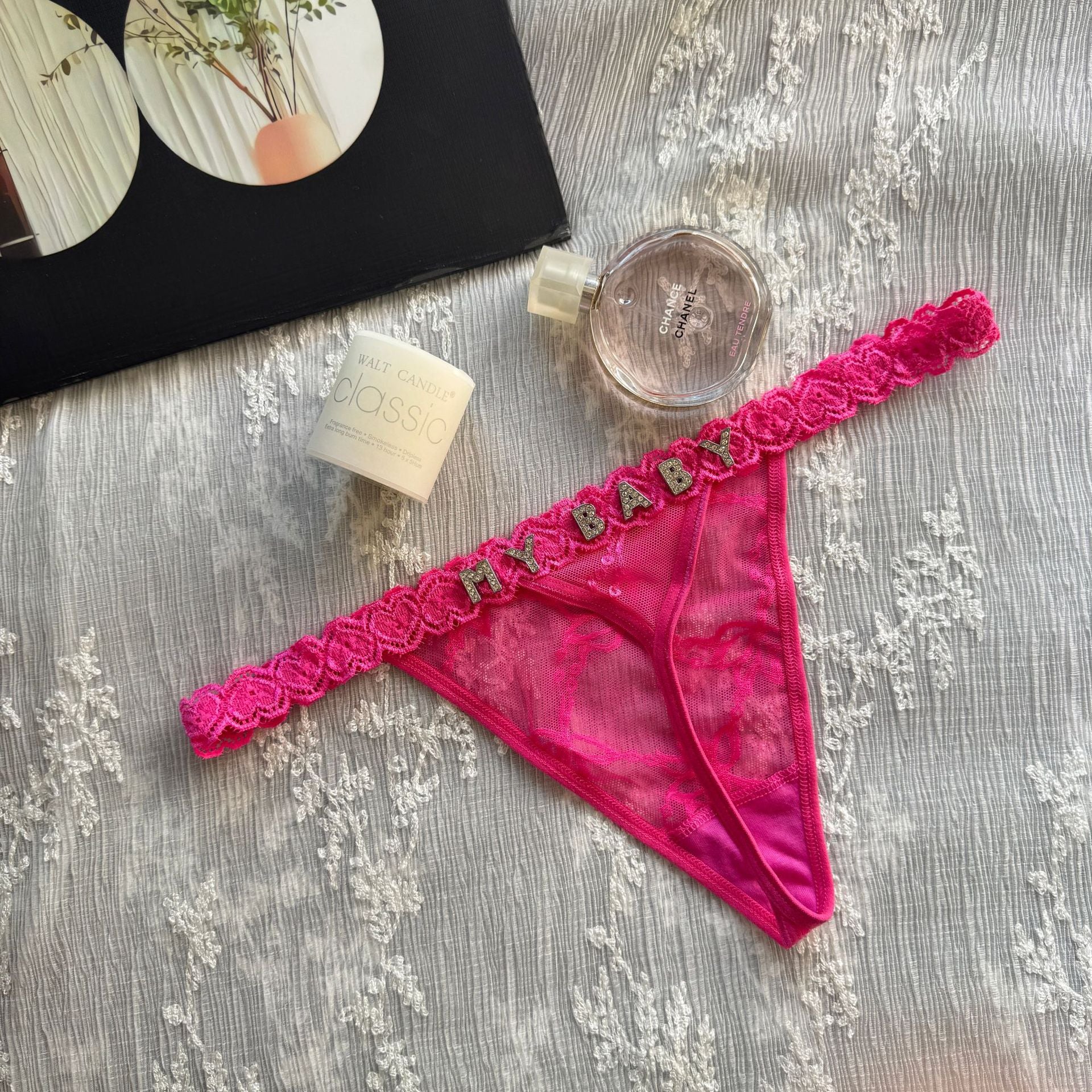 Cotton G-String with Metallic Rhinestone Letters, Sexy Lace Panties for Women