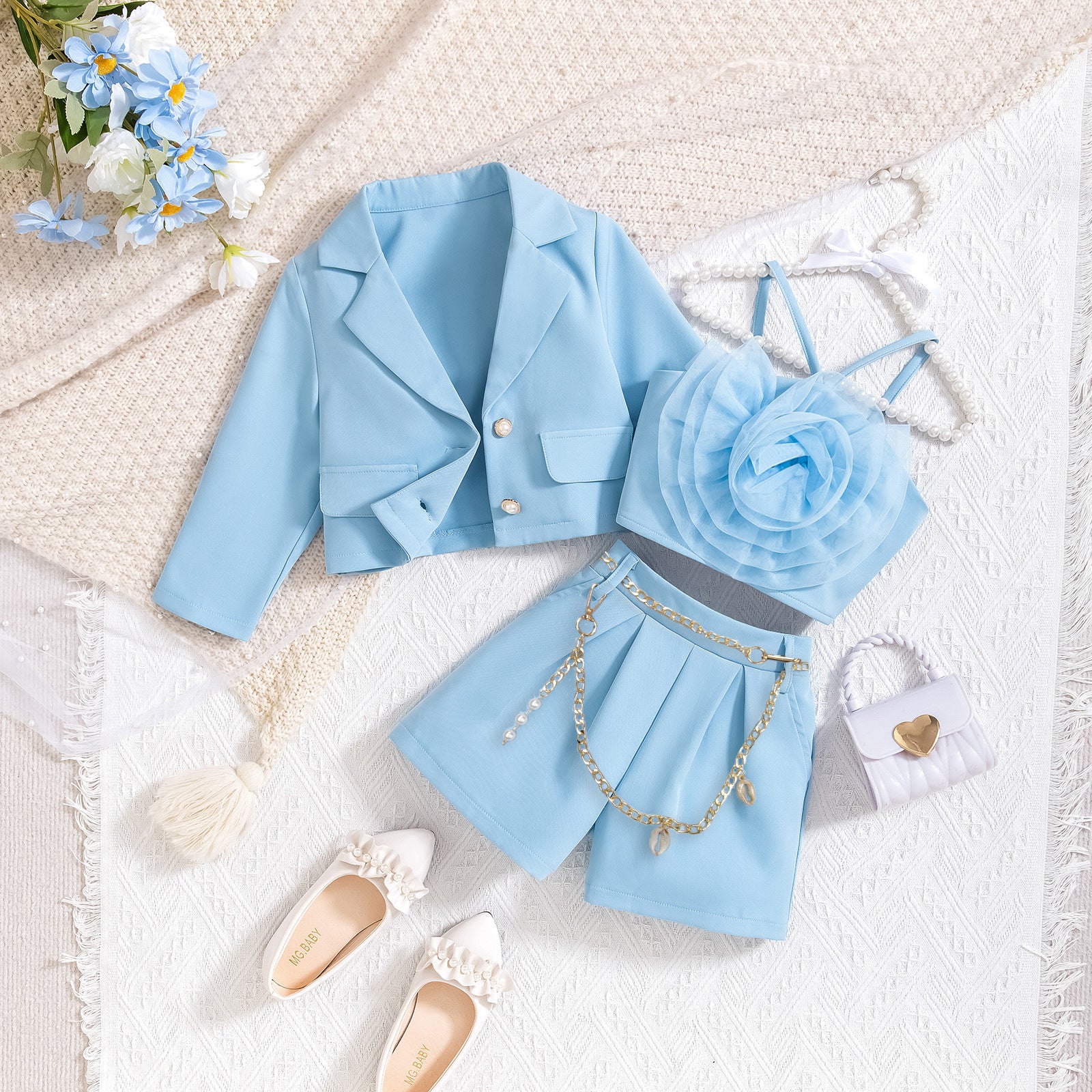 Long sleeved jacket with floral interior paired with shorts three piece set