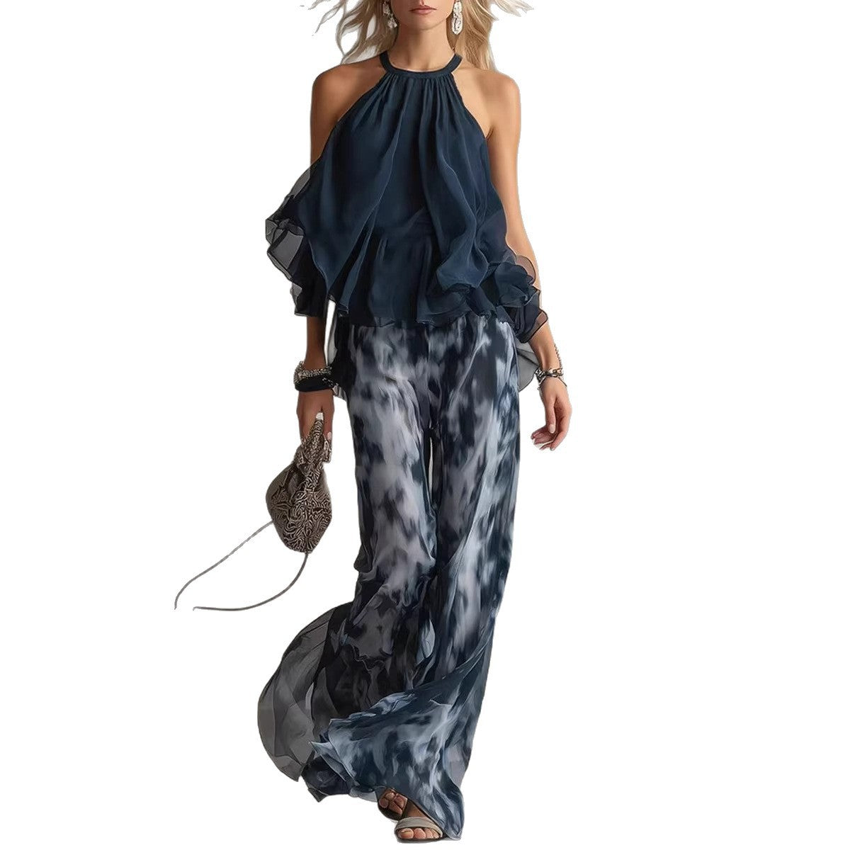 Sleeveless Halter Neck Top with Printed Wide Leg Pants Summer New Arrival
