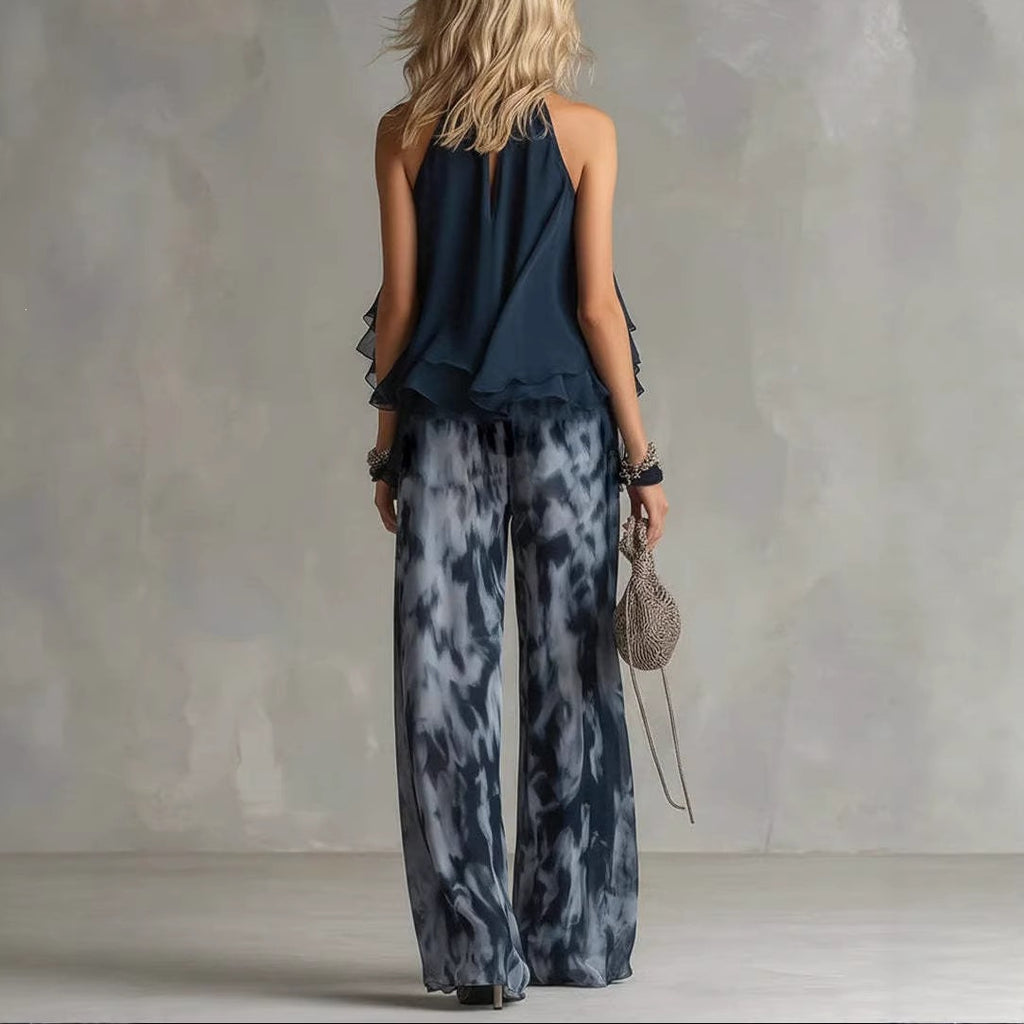 Sleeveless Halter Neck Top with Printed Wide Leg Pants Summer New Arrival