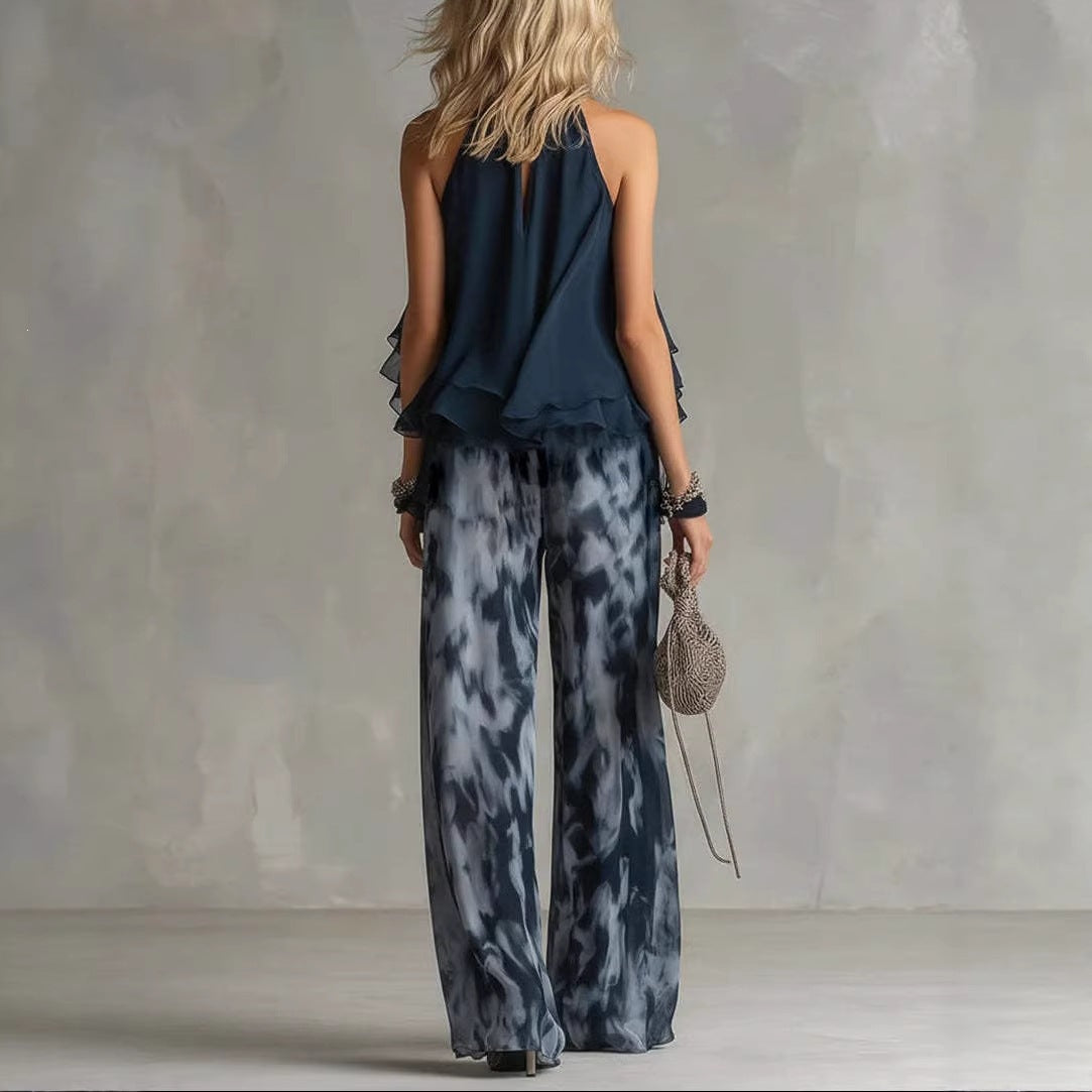 Sleeveless Halter Neck Top with Printed Wide Leg Pants Summer New Arrival