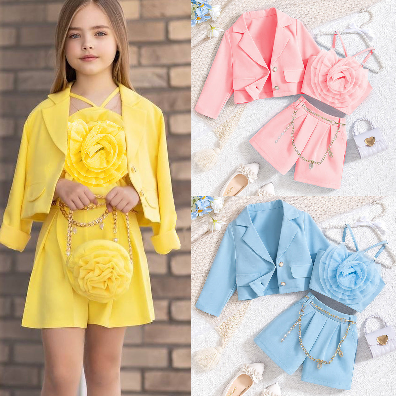 Long sleeved jacket with floral interior paired with shorts three piece set
