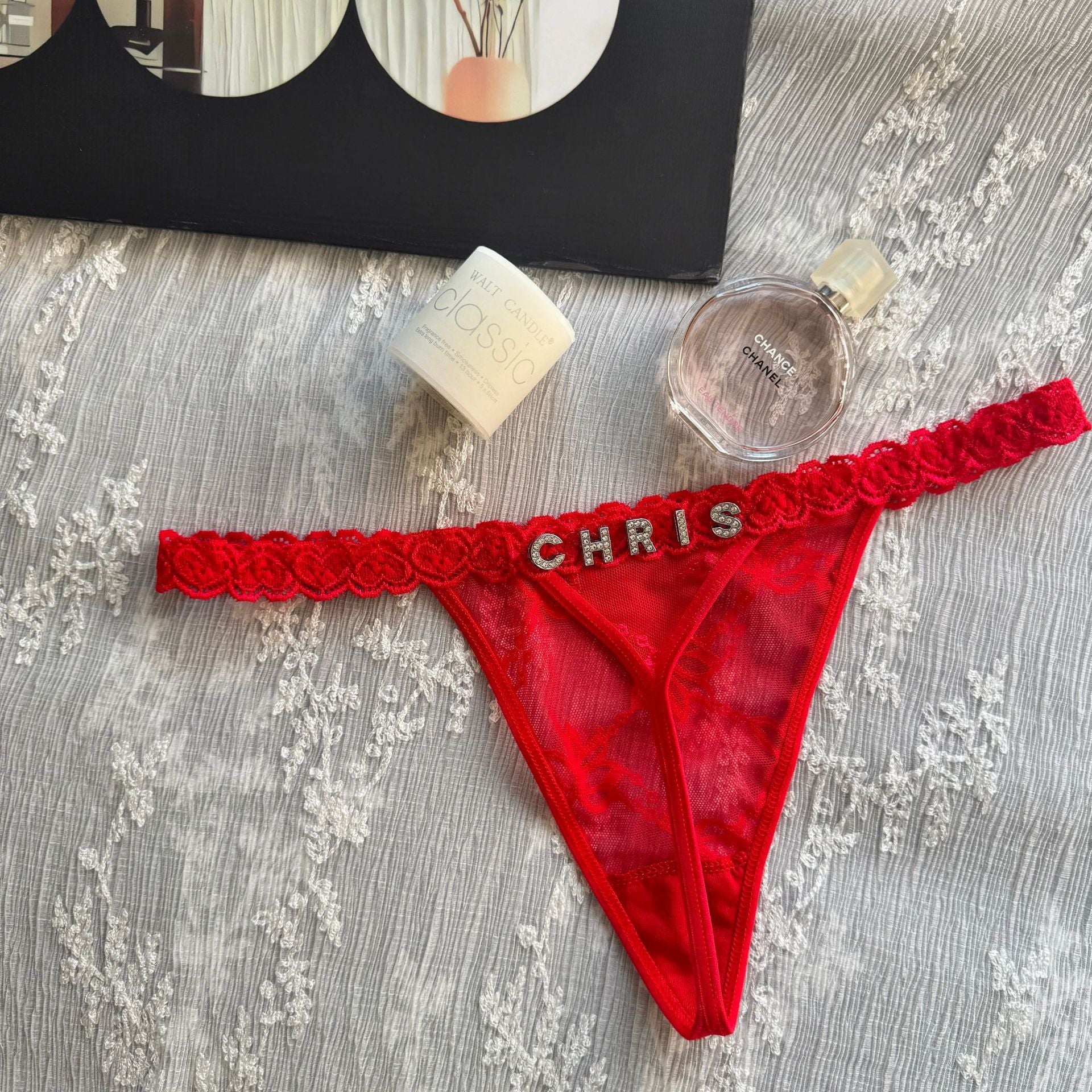 Cotton G-String with Metallic Rhinestone Letters, Sexy Lace Panties for Women