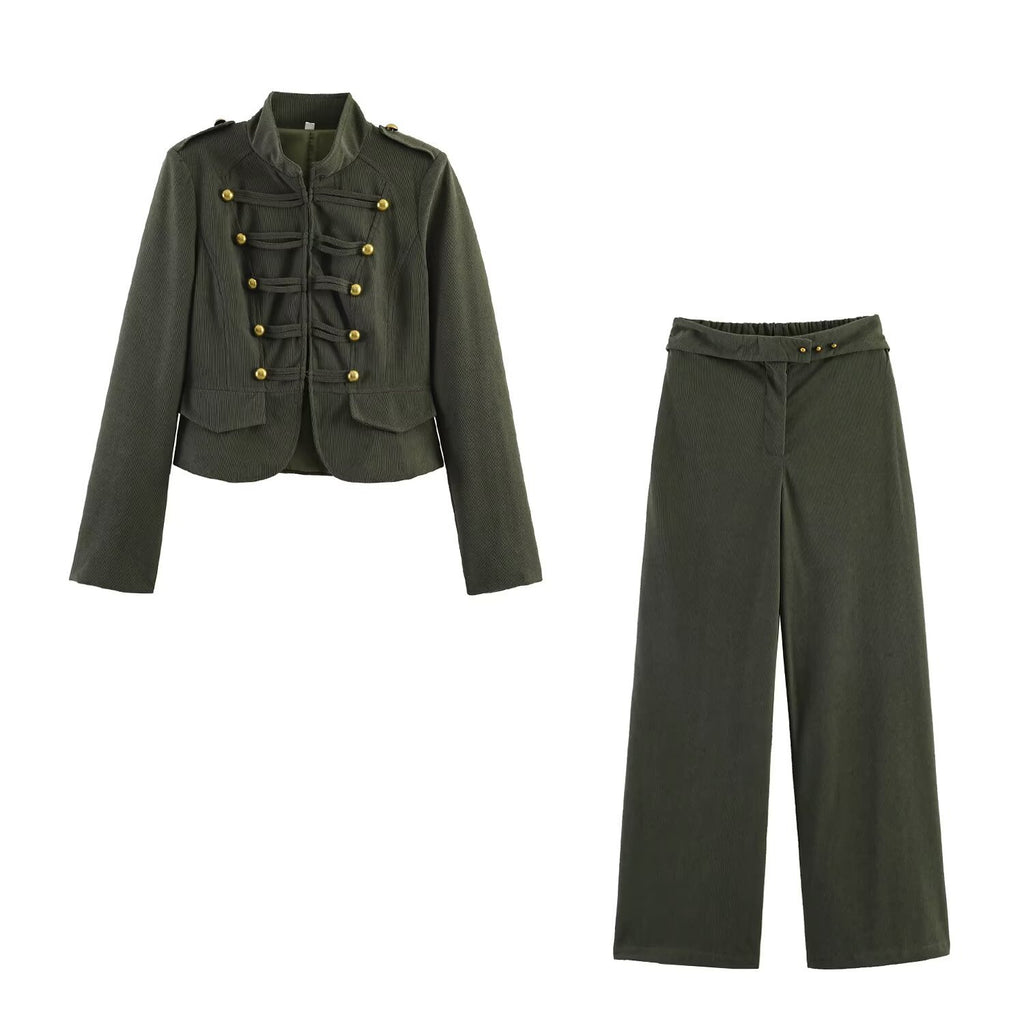 Double row metal button jacket+retro high waist wide leg pants set