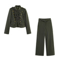 Double row metal button jacket+retro high waist wide leg pants set