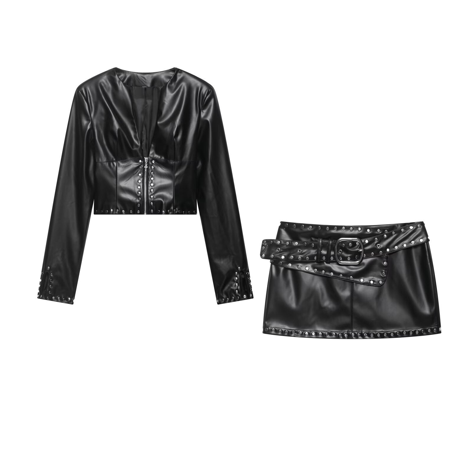 V-rivet short waist exposed jacket+high waist short skirt set
