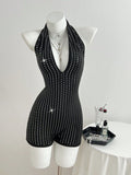 Deep V-neck tie up backless jumpsuit shorts