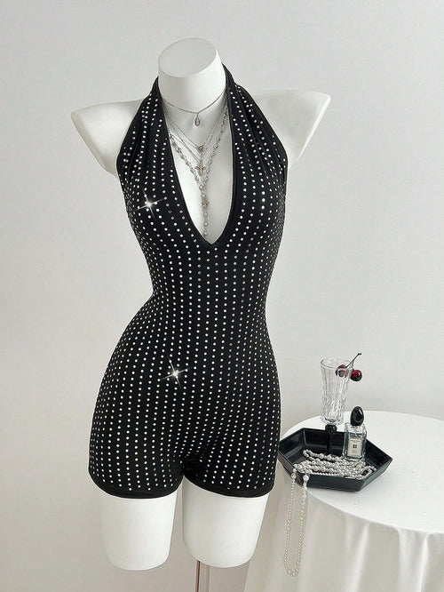 Deep V-neck tie up backless jumpsuit shorts